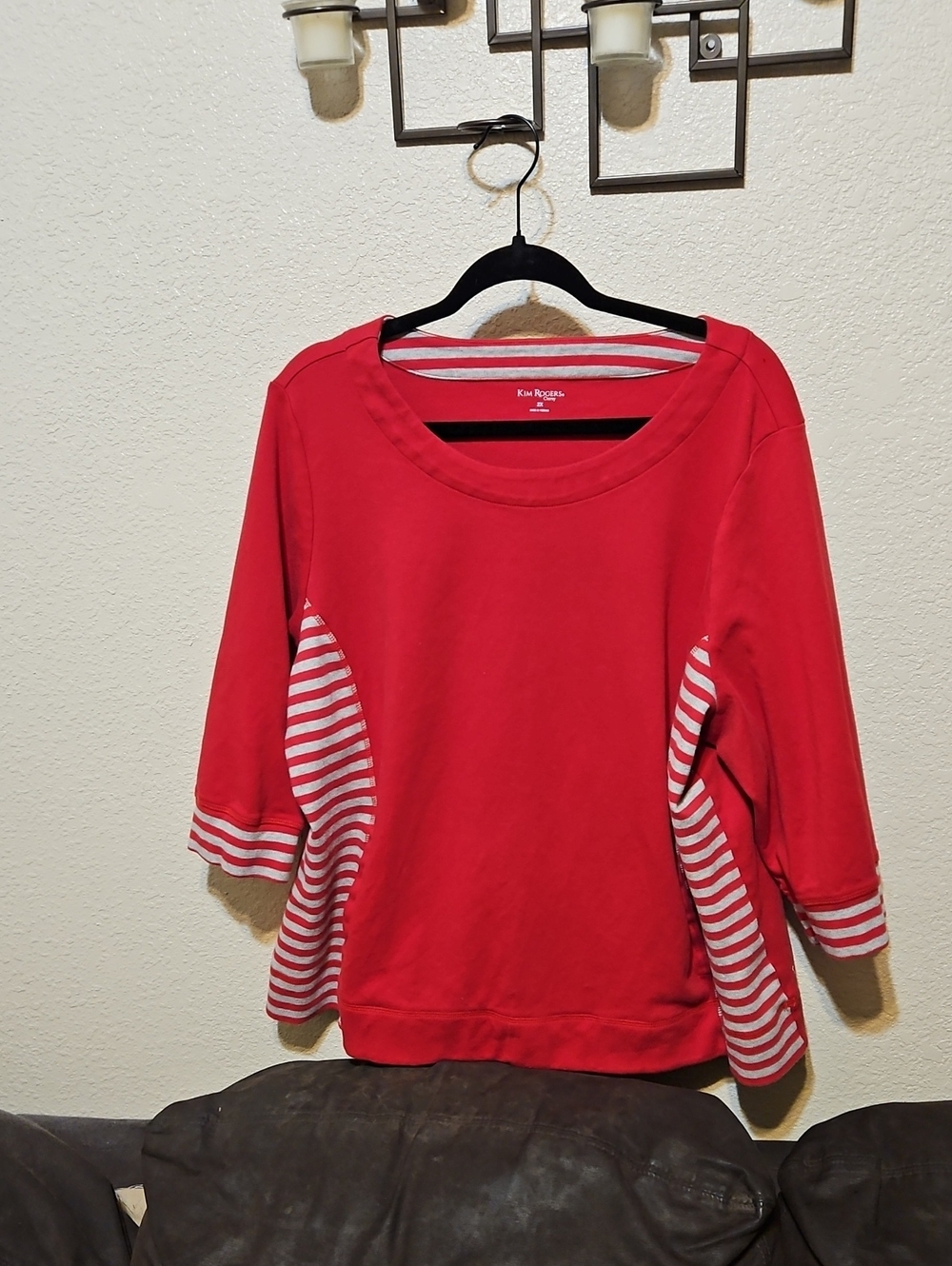 Kim Rogers Red Pullover with White Striped Side Panels And Pockets